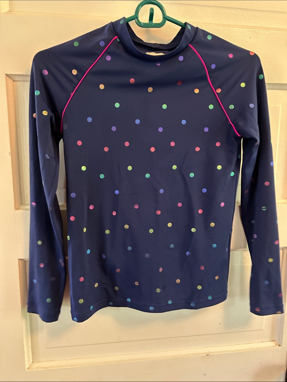 Boden Girls' Navy Long-Sleeve Rash Guard with Multi-Color Dots Sz 11/12